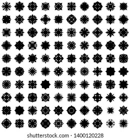 Black Flowers / Pseudo-Snowflakes on white background. Sharp set of 100 items. 4 (four) angles. - Vector