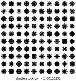 Black Flowers / Pseudo-Snowflakes on white background. Sharp set of 100 items. 4 (four) angles. - Vector