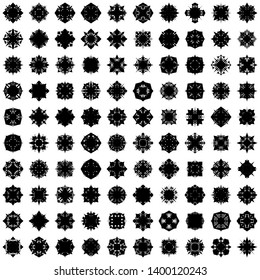 Black Flowers / Pseudo-Snowflakes on white background. Sharp set of 100 items. 4 (four) angles. - Vector