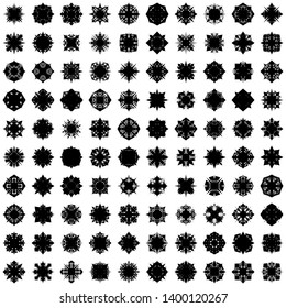 Black Flowers / Pseudo-Snowflakes on white background. Sharp set of 100 items. 4 (four) angles. - Vector