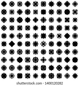 Black Flowers / Pseudo-Snowflakes on white background. Sharp set of 100 items. 4 (four) angles. - Vector