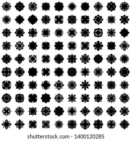 Black Flowers / Pseudo-Snowflakes on white background. Sharp set of 100 items. 4 (four) angles. - Vector