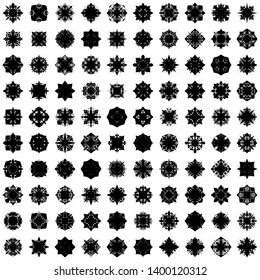 Black Flowers / Pseudo-Snowflakes on white background. Sharp set of 100 items. 4 (four) angles. - Vector