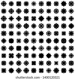 Black Flowers / Pseudo-Snowflakes on white background. Sharp set of 100 items. 4 (four) angles. - Vector
