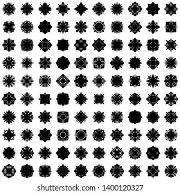 Black Flowers / Pseudo-Snowflakes on white background. Sharp set of 100 items. 4 (four) angles. - Vector