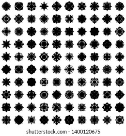 Black Flowers / Pseudo-Snowflakes on white background. Sharp set of 100 items. 4 (four) angles. - Vector