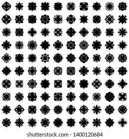 Black Flowers / Pseudo-Snowflakes on white background. Sharp set of 100 items. 4 (four) angles. - Vector