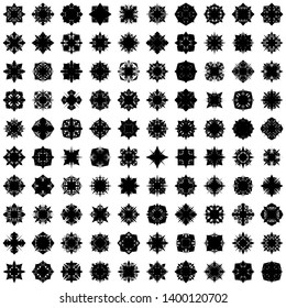 Black Flowers / Pseudo-Snowflakes on white background. Sharp set of 100 items. 4 (four) angles. - Vector