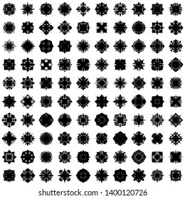 Black Flowers / Pseudo-Snowflakes on white background. Sharp set of 100 items. 4 (four) angles. - Vector
