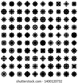 Black Flowers / Pseudo-Snowflakes on white background. Sharp set of 100 items. 4 (four) angles. - Vector