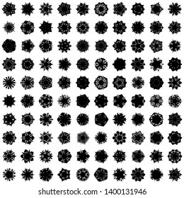 Black Flowers / Pseudo-Snowflakes on white background. Sharp set of 100 items. 5 (five) angles. - Vector