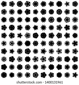 Black Flowers / Pseudo-Snowflakes on white background. Sharp set of 100 items. 5 (five) angles. - Vector