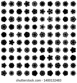 Black Flowers / Pseudo-Snowflakes on white background. Sharp set of 100 items. 5 (five) angles. - Vector