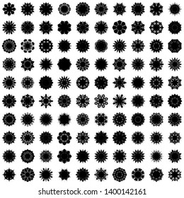 Black Flowers / Pseudo-Snowflakes on white background. Sharp set of 100 items. 8 (eight) angles. - Vector