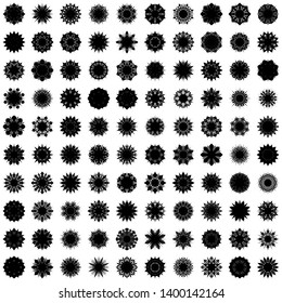 Black Flowers / Pseudo-Snowflakes on white background. Sharp set of 100 items. 8 (eight) angles. - Vector