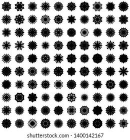 Black Flowers / Pseudo-Snowflakes on white background. Sharp set of 100 items. 8 (eight) angles. - Vector