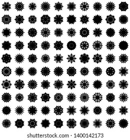 Black Flowers / Pseudo-Snowflakes on white background. Sharp set of 100 items. 8 (eight) angles. - Vector