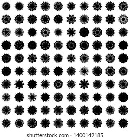 Black Flowers / Pseudo-Snowflakes on white background. Sharp set of 100 items. 8 (eight) angles. - Vector