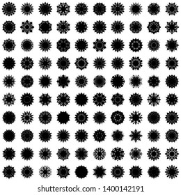 Black Flowers / Pseudo-Snowflakes on white background. Sharp set of 100 items. 8 (eight) angles. - Vector