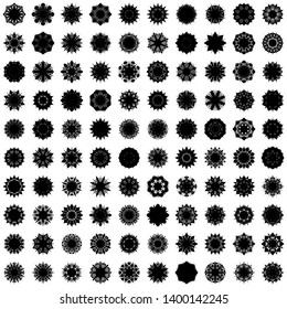 Black Flowers / Pseudo-Snowflakes on white background. Sharp set of 100 items. 8 (eight) angles. - Vector