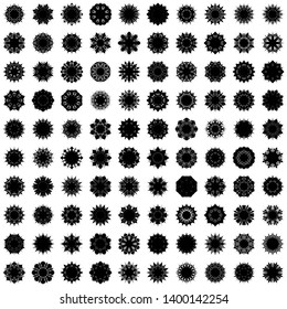 Black Flowers / Pseudo-Snowflakes on white background. Sharp set of 100 items. 8 (eight) angles. - Vector