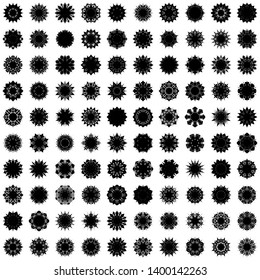 Black Flowers / Pseudo-Snowflakes on white background. Sharp set of 100 items. 8 (eight) angles. - Vector