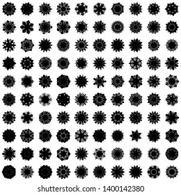 Black Flowers / Pseudo-Snowflakes on white background. Sharp set of 100 items. 7 (seven) angles. - Vector
