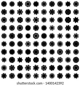 Black Flowers / Pseudo-Snowflakes on white background. Sharp set of 100 items. 7 (seven) angles. - Vector