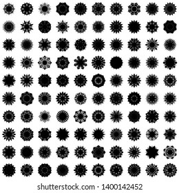 Black Flowers / Pseudo-Snowflakes on white background. Sharp set of 100 items. 8 (eight) angles. - Vector
