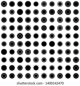 Black Flowers / Pseudo-Snowflakes on white background. Sharp set of 100 items. 8 (eight) angles. - Vector