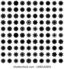 Black Flowers / Pseudo-Snowflakes on white background. Sharp set of 100 items. 7 (seven) angles. - Vector