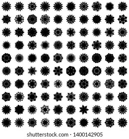 Black Flowers / Pseudo-Snowflakes on white background. Sharp set of 100 items. 7 (seven) angles. - Vector