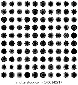 Black Flowers / Pseudo-Snowflakes on white background. Sharp set of 100 items. 7 (seven) angles. - Vector
