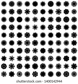 Black Flowers / Pseudo-Snowflakes on white background. Sharp set of 100 items. 7 (seven) angles. - Vector
