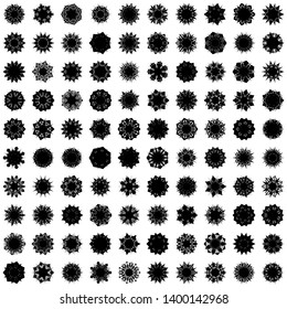 Black Flowers / Pseudo-Snowflakes on white background. Sharp set of 100 items. 7 (seven) angles. - Vector