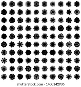 Black Flowers / Pseudo-Snowflakes on white background. Sharp set of 100 items. 7 (seven) angles. - Vector