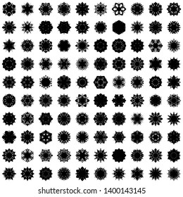 Black Flowers / Pseudo-Snowflakes on white background. Sharp set of 100 items. 6 (six) angles. - Vector
