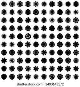Black Flowers / Pseudo-Snowflakes on white background. Sharp set of 100 items. 7 (seven) angles. - Vector