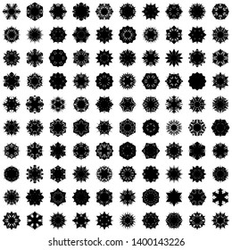 Black Flowers / Pseudo-Snowflakes on white background. Sharp set of 100 items. 6 (six) angles. - Vector