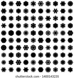 Black Flowers / Pseudo-Snowflakes on white background. Sharp set of 100 items. 6 (six) angles. - Vector
