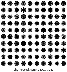 Black Flowers / Pseudo-Snowflakes on white background. Sharp set of 100 items. 6 (six) angles. - Vector