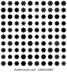 Black Flowers / Pseudo-Snowflakes on white background. Sharp set of 100 items. 6 (six) angles. - Vector