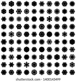 Black Flowers / Pseudo-Snowflakes on white background. Sharp set of 100 items. 6 (six) angles. - Vector