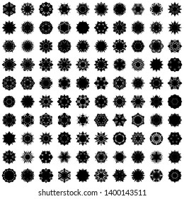 Black Flowers / Pseudo-Snowflakes on white background. Sharp set of 100 items. 6 (six) angles. - Vector