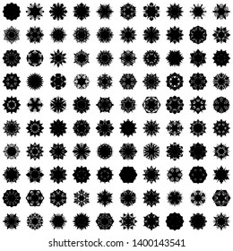 Black Flowers / Pseudo-Snowflakes on white background. Sharp set of 100 items. 6 (six) angles. - Vector