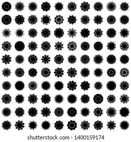 Black Flowers / Pseudo-Snowflakes on white background. Sharp set of 100 items. 9 (nine) angles. - Vector