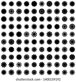 Black Flowers / Pseudo-Snowflakes on white background. Sharp set of 100 items. 9 (nine) angles. - Vector