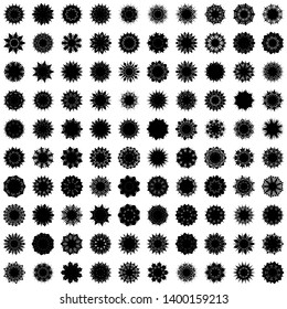 Black Flowers / Pseudo-Snowflakes on white background. Sharp set of 100 items. 9 (nine) angles. - Vector