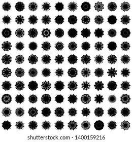 Black Flowers / Pseudo-Snowflakes on white background. Sharp set of 100 items. 9 (nine) angles. - Vector