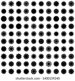 Black Flowers / Pseudo-Snowflakes on white background. Sharp set of 100 items. 9 (nine) angles. - Vector